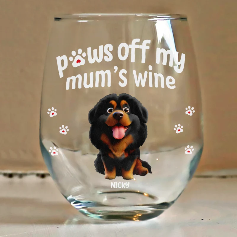 3D Effect Funny Dog Cat Paws Off My Mom's Wine - Personalized Stemless Wine Glass