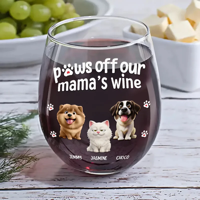 3D Effect Funny Dog Cat Paws Off My Mom's Wine - Personalized Stemless Wine Glass