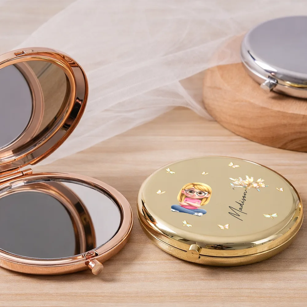 3D Effect Woman Kid Girl Sitting With Birth Flowers - Personalized Compact Mirror