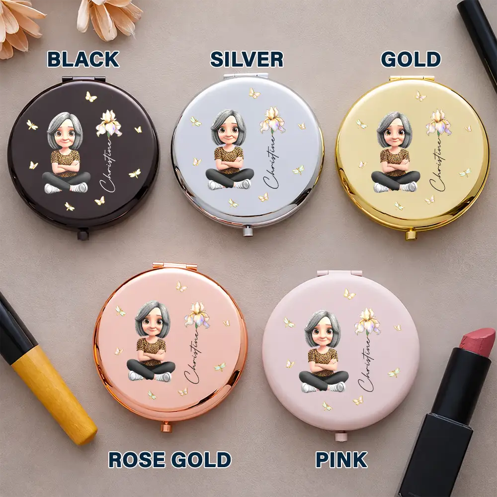 3D Effect Woman Kid Girl Sitting With Birth Flowers - Personalized Compact Mirror