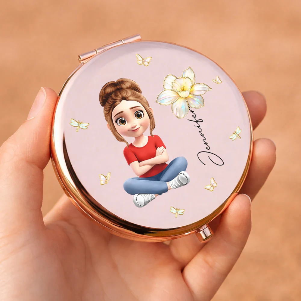 3D Effect Woman Kid Girl Sitting With Birth Flowers - Personalized Compact Mirror