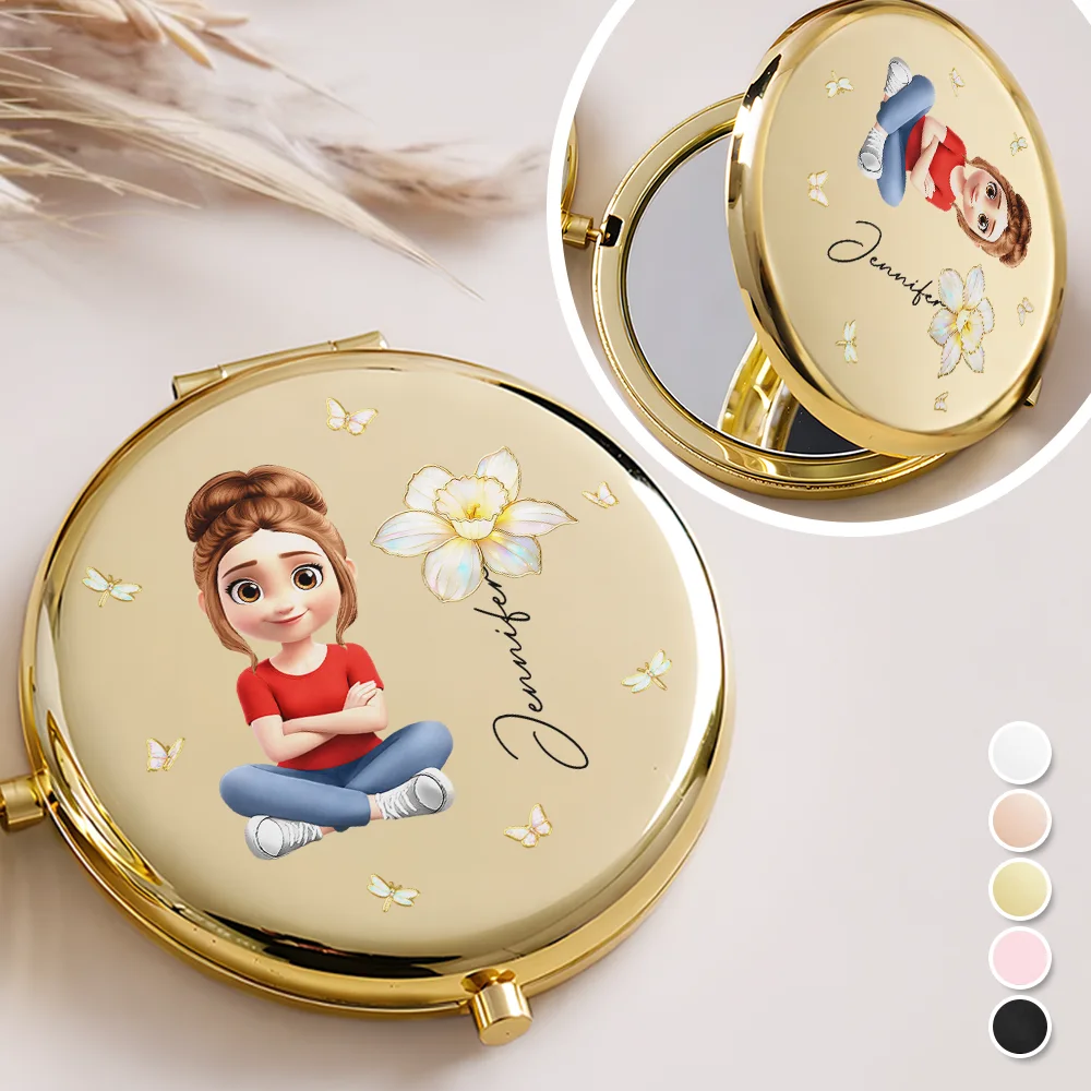 3D Effect Woman Kid Girl Sitting With Birth Flowers - Personalized Compact Mirror