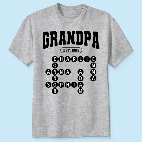 Grandpa Est Unique Grandkids Names in Crossword Puzzle Personalized Shirt