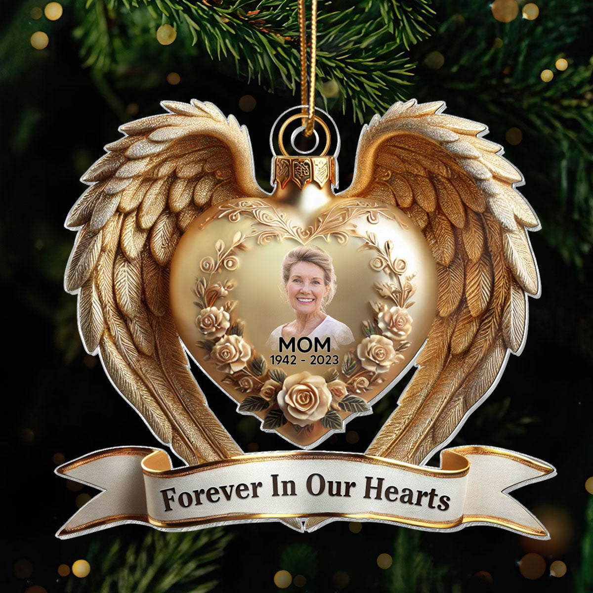 Forever In Our Hearts Angel Wings Photo Upload Memorial Keepsake 3D Effect Personalized Acrylic Flat Ornament