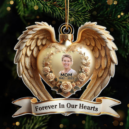 Forever In Our Hearts Angel Wings Photo Upload Memorial Keepsake 3D Effect Personalized Acrylic Flat Ornament