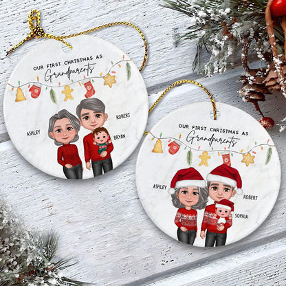 Our First Christmas As Grandparents Cute Things Personalized Circle Ceramic Ornament