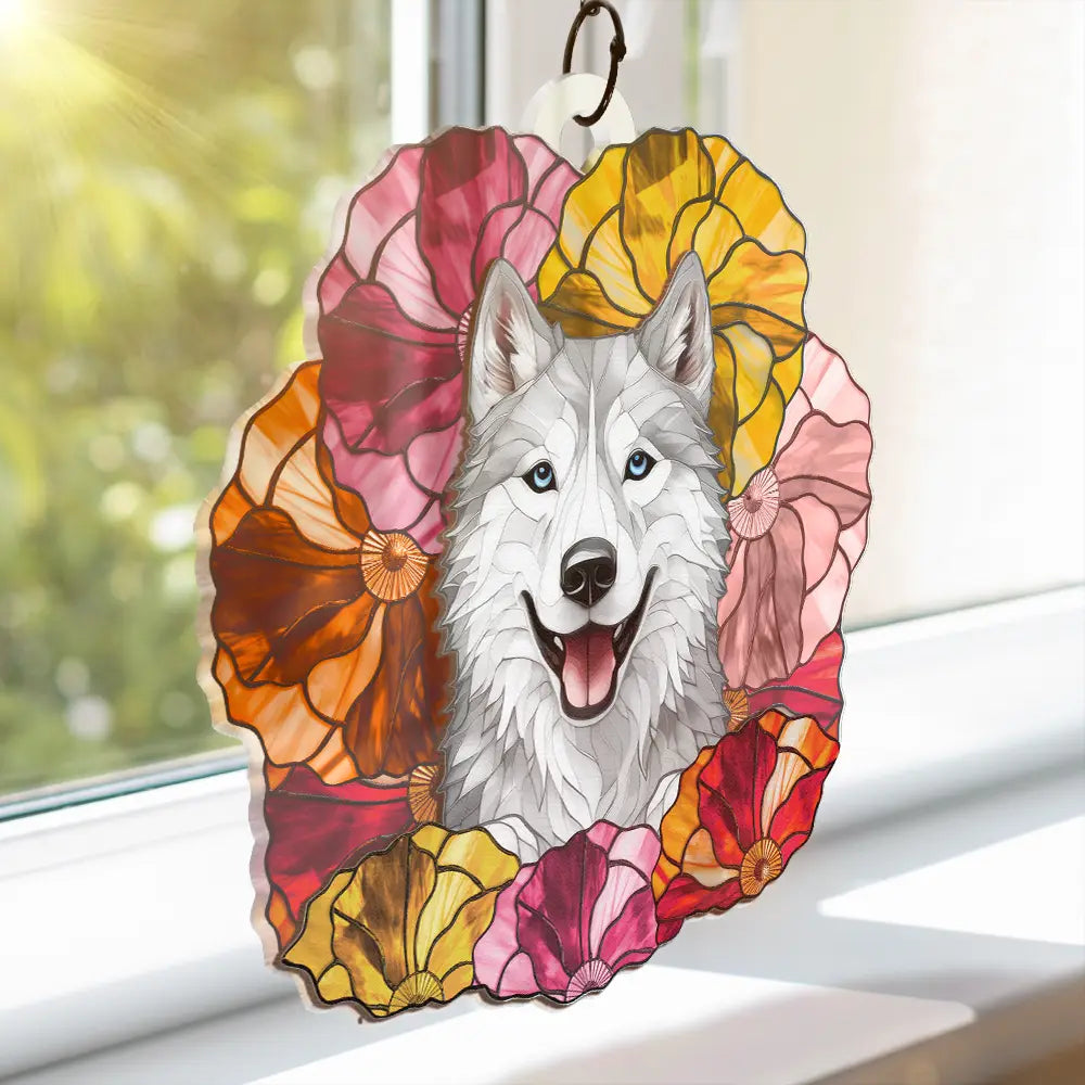 Floral Dog Cat Pet Portrait - Personalized Window Hanging Suncatcher Ornament