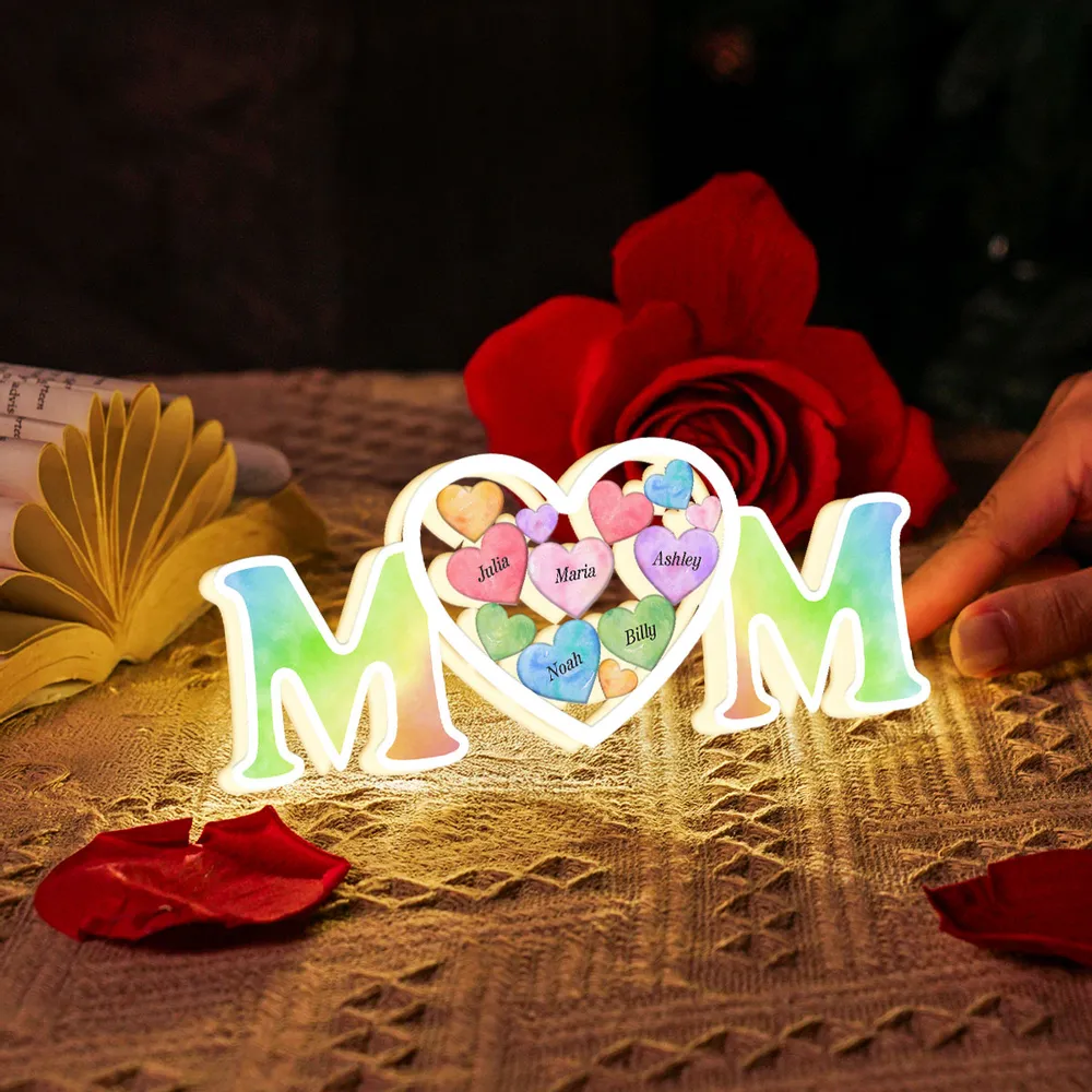 MOM Colorful Hearts In Heart Personalized Light Box, Mother's Day gift for Mom