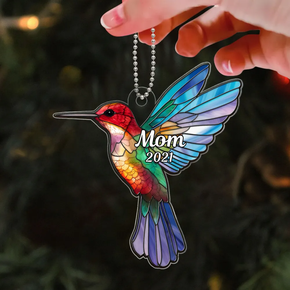 Dad Mom Stained Glass Hummingbird Memorial Keepsake Personalized Acrylic Ornament