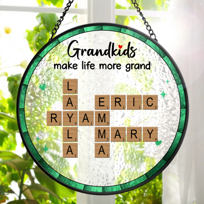 Crossword Grandkids Make Life More Grand - Personalized Stained Glass Window Hanging Suncatcher