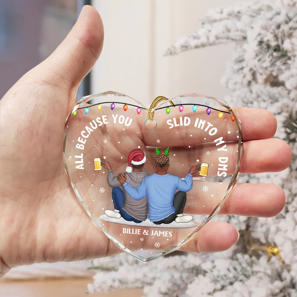 All Because You Slid Into My DMs Christmas Couple - Personalized Heart Shaped Acylic Ornament