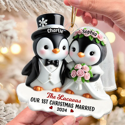 3D Effect Penguins Just Married Couple Groom & Bride Wedding First Christmas Together Personalized Acrylic Ornament