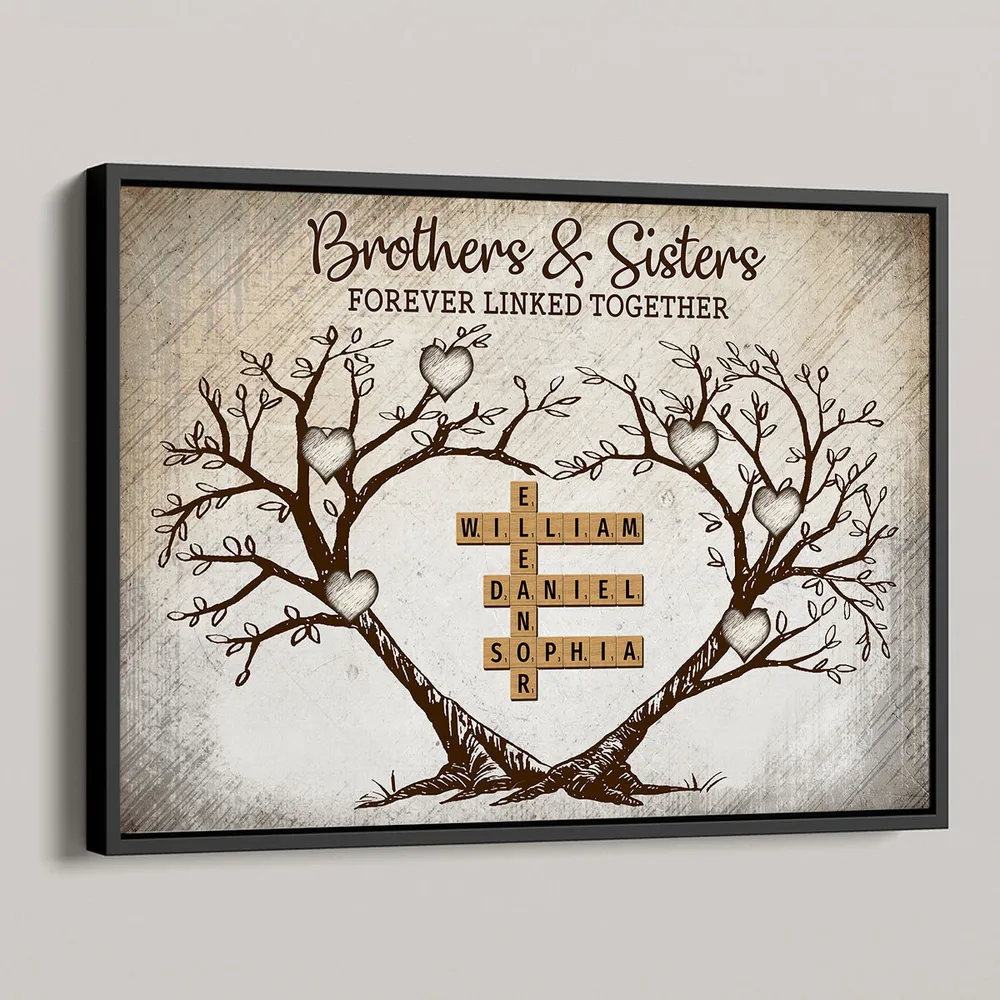 Brothers & Sisters Forever Linked Together Heart Tree Puzzle Crossword Art Personalized Poster, Gift For Brothers, Sisters, Siblings