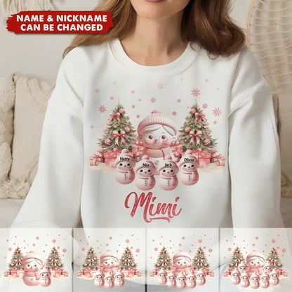 Pink Themed Snowman Grandma With Cute Little Snowman Kids Personalized Sweatshirt