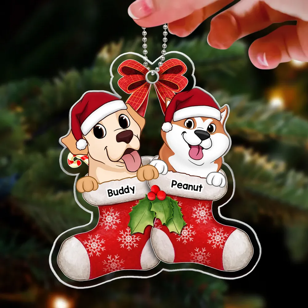 Cute Dogs On Christmas Stockings Personalized Acrylic Ornament