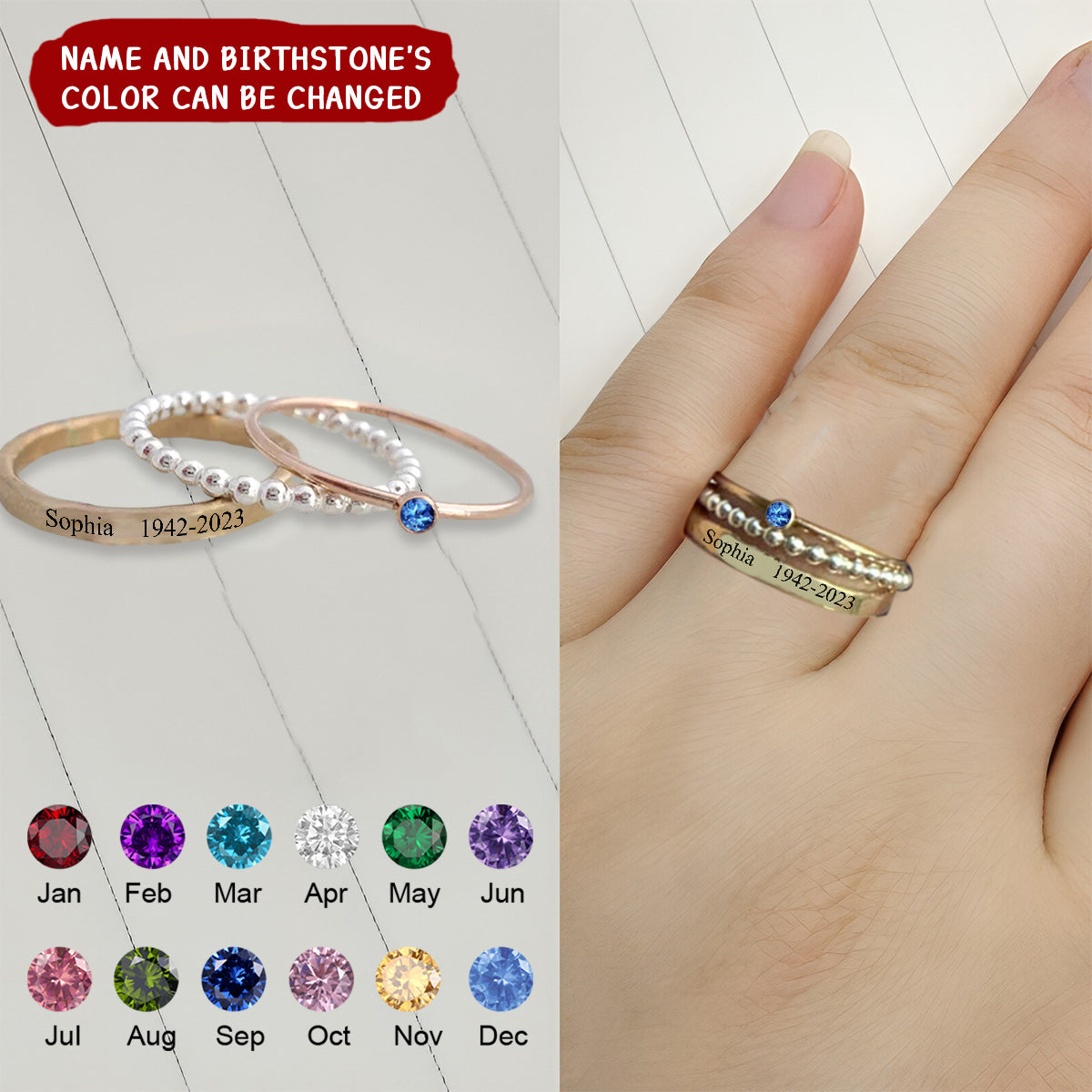 For Memorial - Personalized Birthstone Name Date Memorial 3 Band Ring