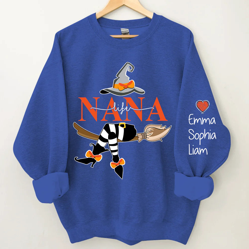 Personalized Nana Life Witch Halloween Sweatshirt, Custom Grandma With Grandkids Name On The Sleeve Halloween Sweatshirt