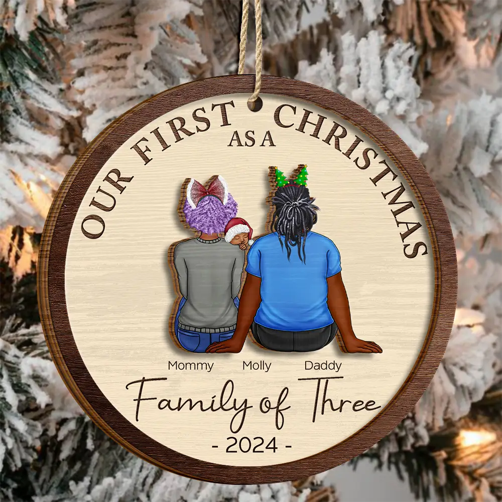 First Christmas As A Family Of Three New Parents - Personalized 2-Layered Wooden Ornament