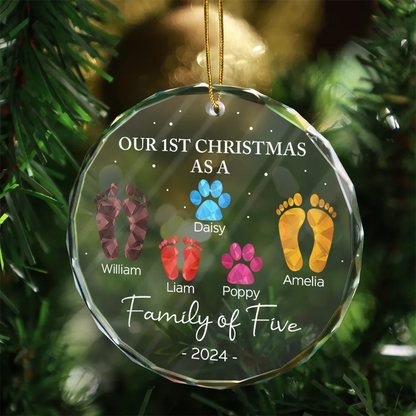 First Christmas As A Family Of Four Footprints - Personalized Circle Ornament