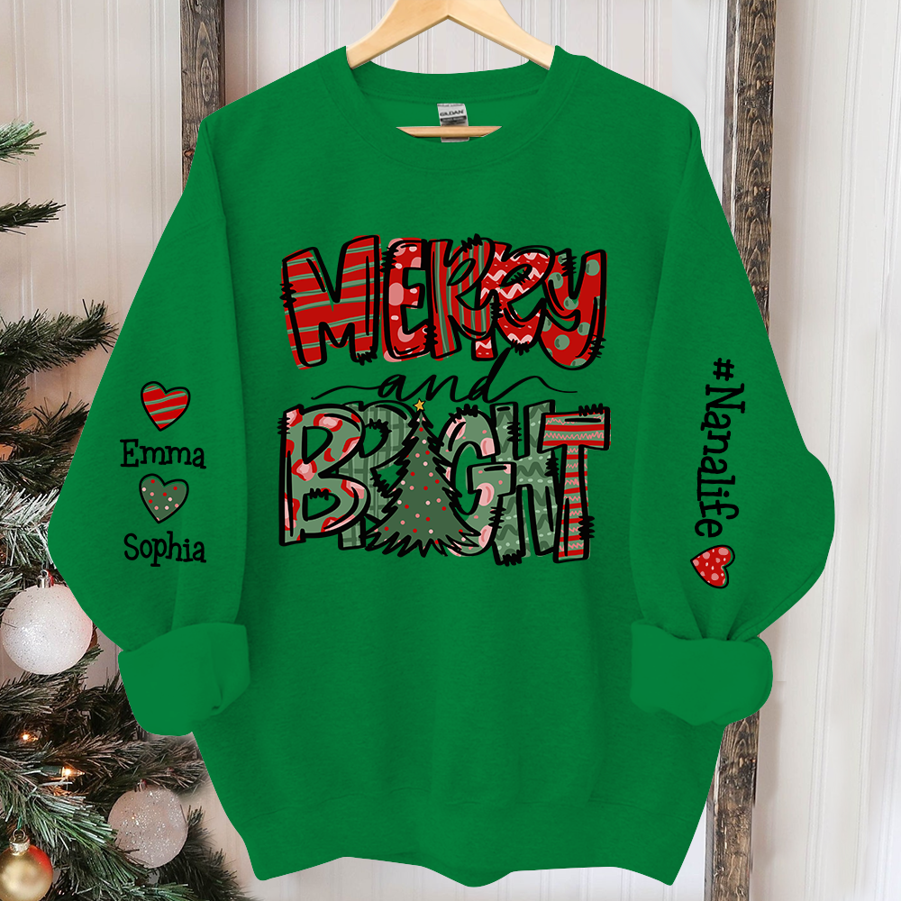 Merry And Bright Sweatshirt, Custom Nana And Kids Christmas, Grandma Gift TH Sweatshirt