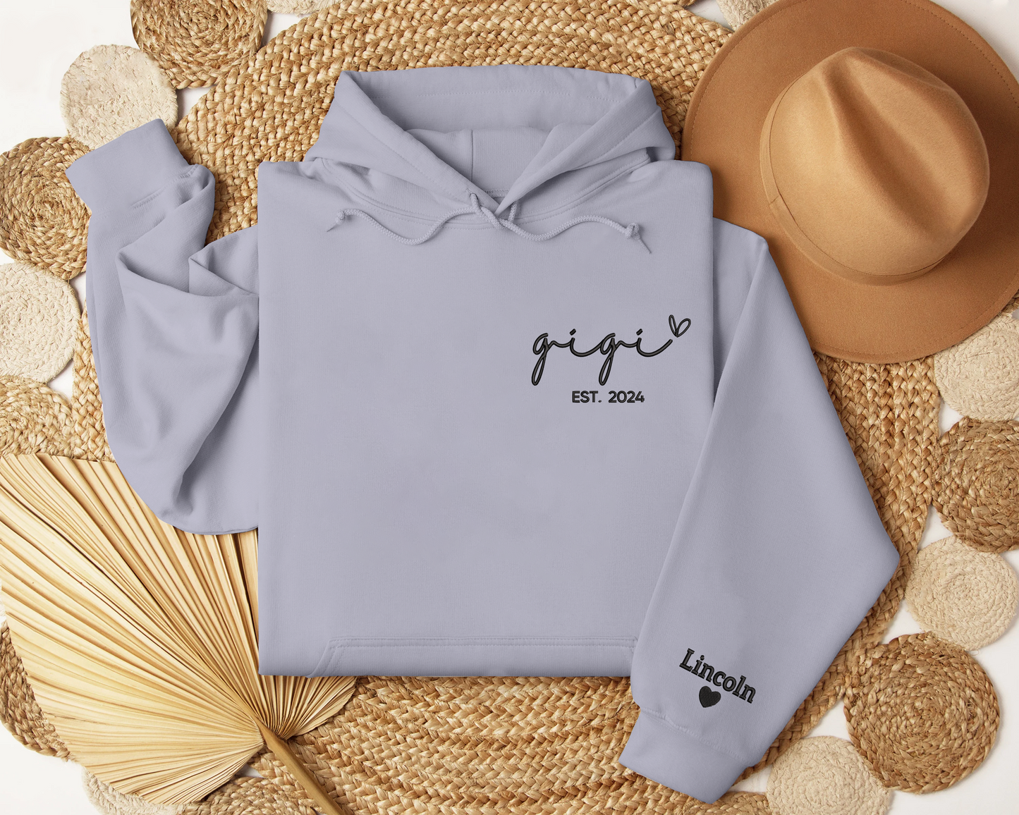 Embroidered Custom Gigi Hoodieshirt with Grandkids Names on Sleeve, Est Date Gigi 2024Hoodieshirt with Heart