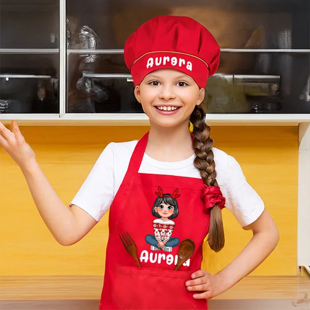 Personalised Cartoon Character Birth Flower Name Adjustable Kid Apron Chef Hat Set with Pocket for Cooking Christmas Birthday Gift for Boys Girls