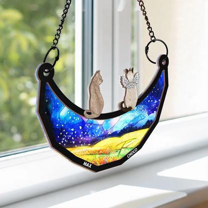 Memorial Dogs Cats Sitting On The Moon - Personalized Window Hanging Suncatcher Ornament