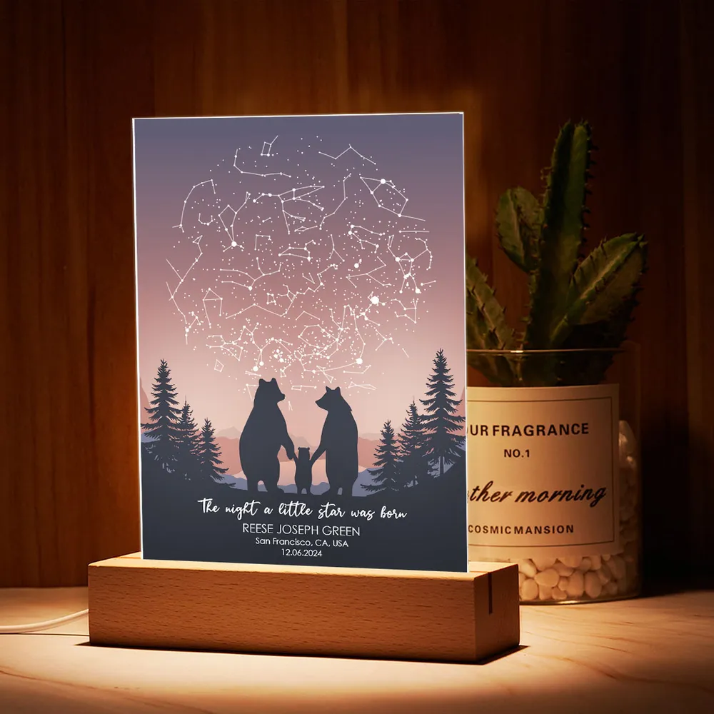 Bear Family Night Sky Constellation Print Personalized Acrylic Plaque With LED, Perfect Home Decor Newborn First Birthday Gift For Newborn, Gift For New Parents