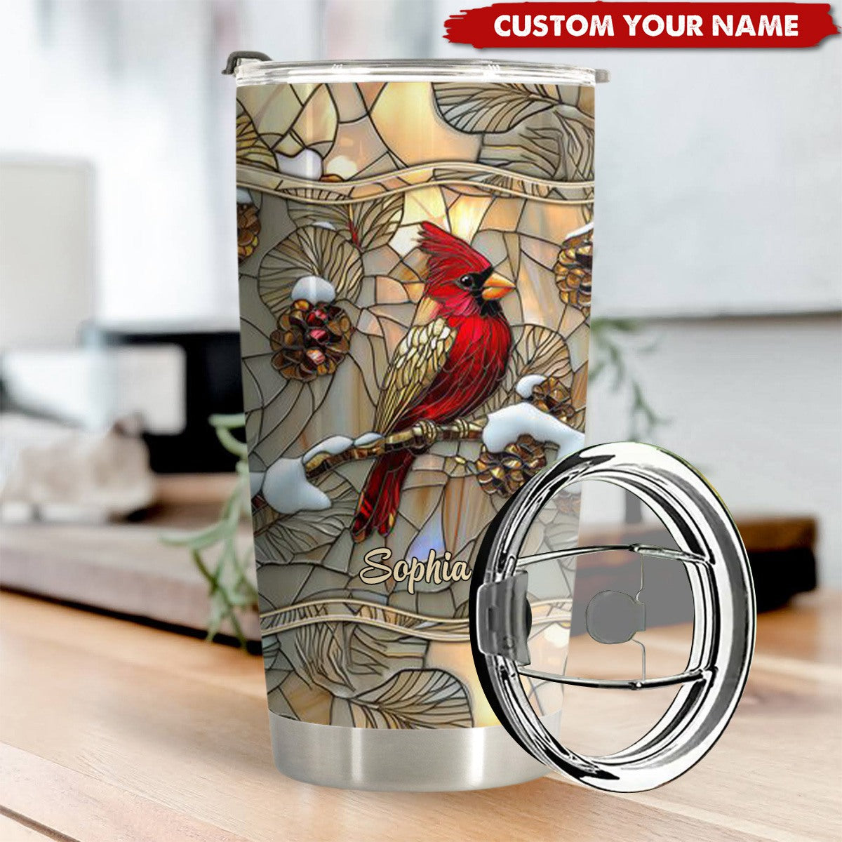 Stained Glass Cardinal Personalized 20oz Tumbler, Gift For Cardinal Lover