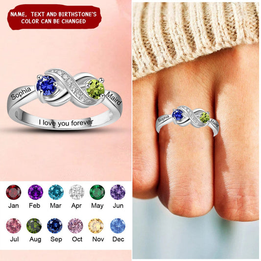 Personalized Infinity Mothers Rings with 2 Round Birthstones Custom Engraved Name Engagement Promise Rings