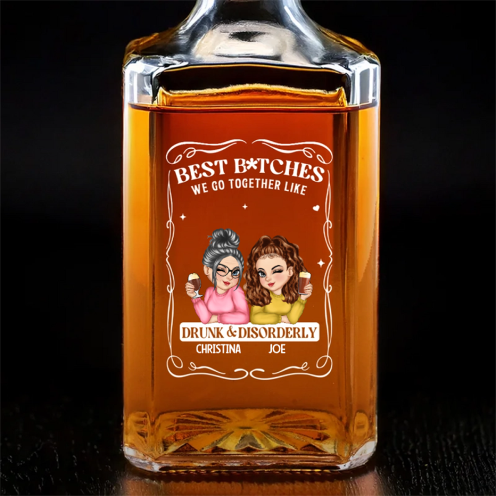 Custom Glass Whiskey Bottle - Personalized Best Friend Birthday Gifts For Women, Besties, Sisters, BFF , Wine, Bourbon, Whiskey Lovers - Forever Drunk On Friendship