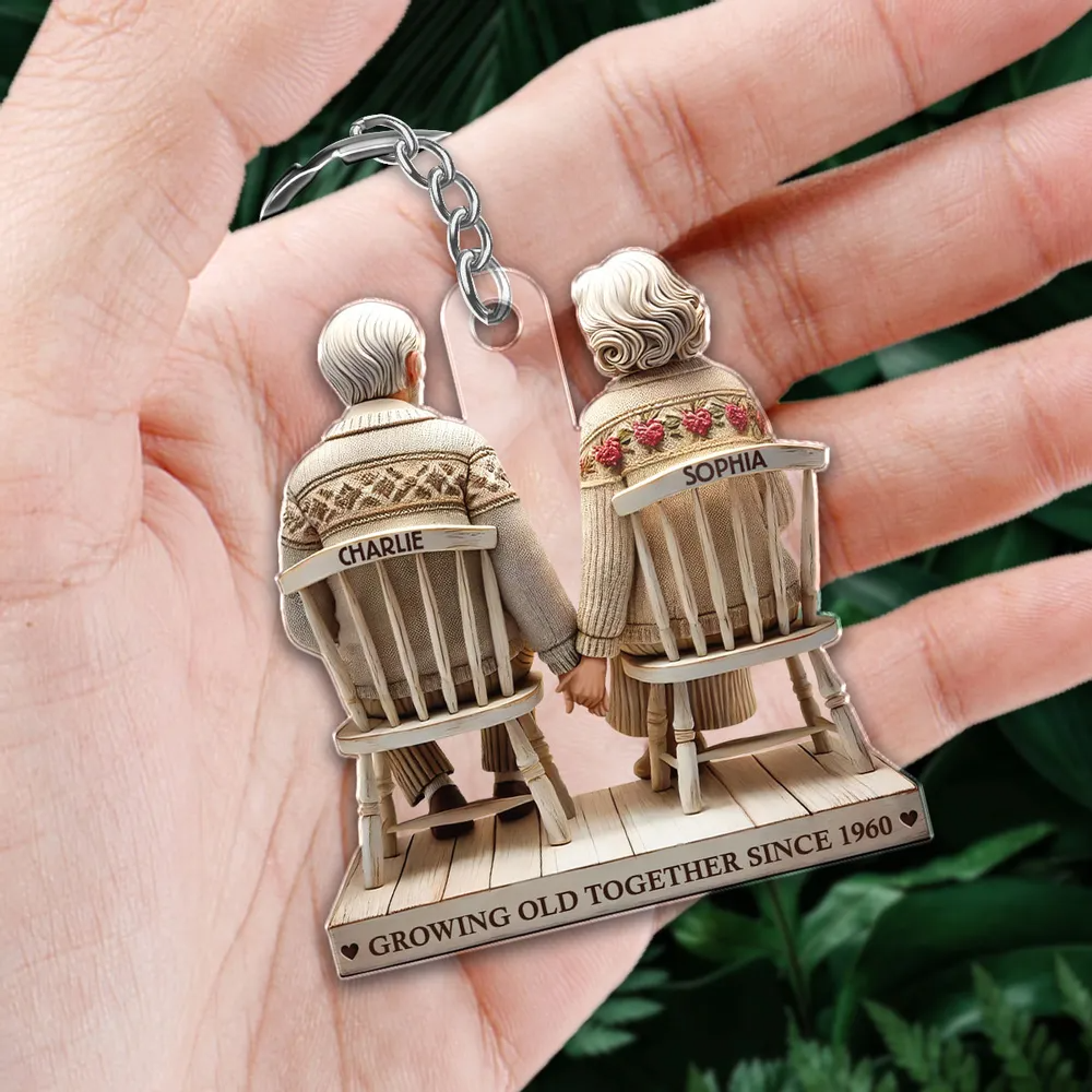 3D Effect Old Couple Holding Hands Sitting Together Personalized Keychain, Heartfelt Gift For Couple, For Him, For Her, Husband, Wife