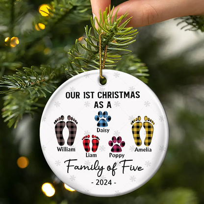 First Christmas As A Family Of Four Flannel Footprints - Personalized Circle Acrylic Ornament