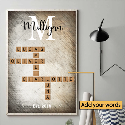 Personalized Family Name Crossword Puzzle Art Personalized Poster, Christmas Gift For Family, For Husband, Wife, Dad, Mom