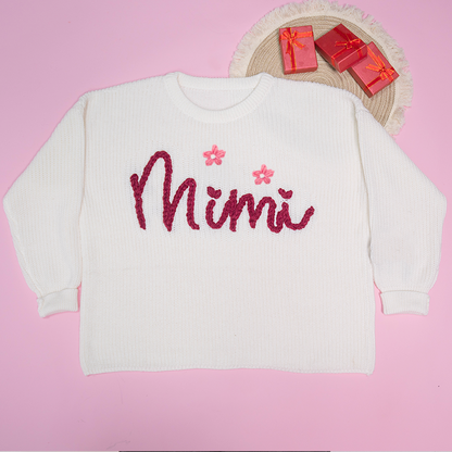 Custom Hand-Embroidered Knitted Sweater - Personalized Name Sweater for Grandma, Mimi, or Nana - Soft and Cozy Gift for Grandparents