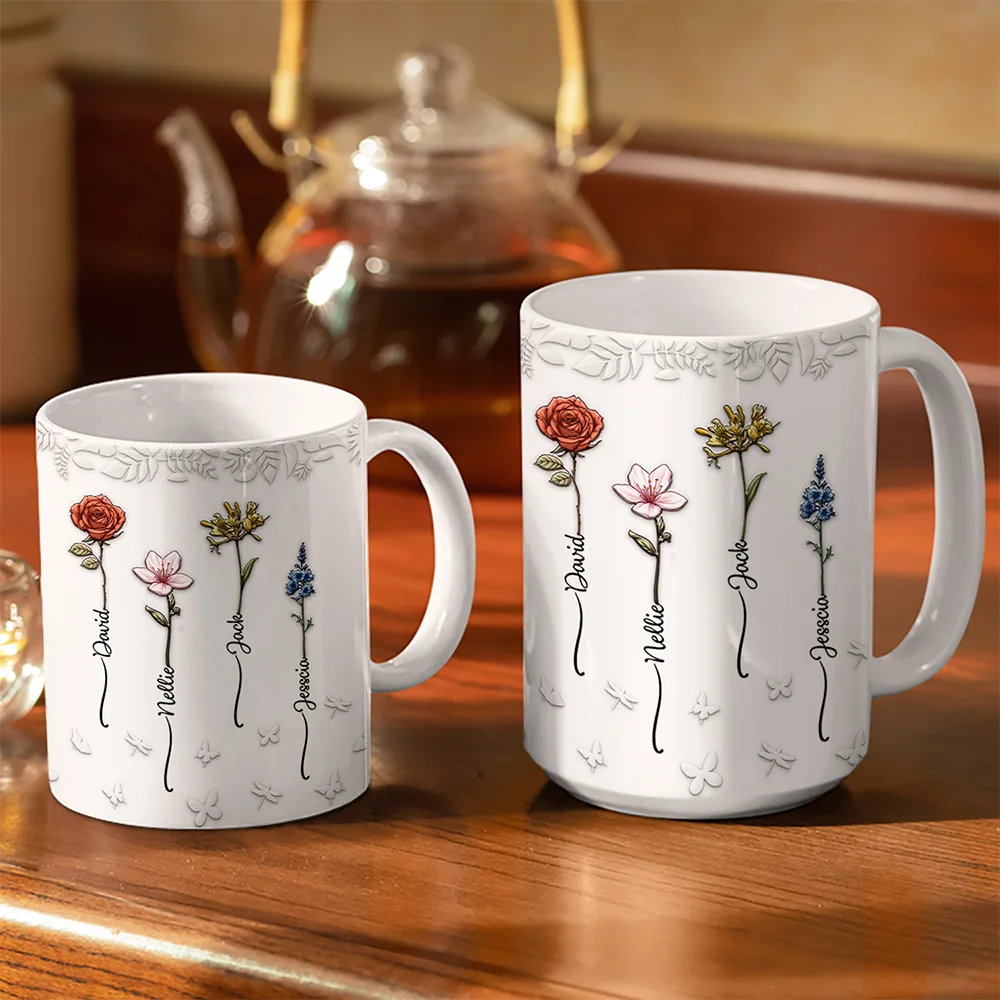 Birth Flowers For Mom, Grandma, Besties - 3D Embossed Effect Printed Mug, Personalized White Edge-to-Edge Mug