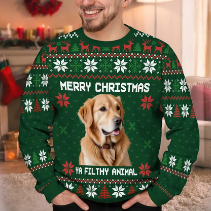 Merry Christmas Ya Filthy Animal Photo Inserted Personalized Faux Knit Ugly Sweater