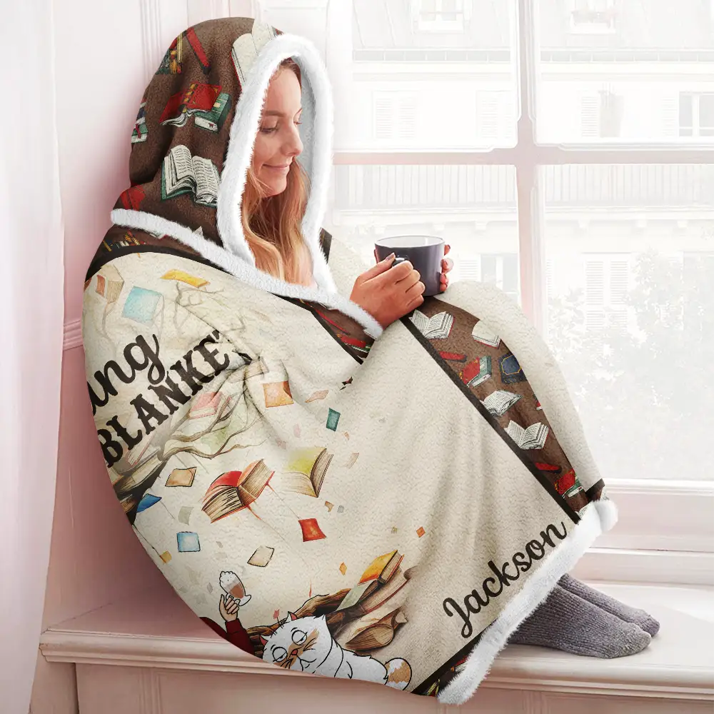 Book Reading & Cat Cuddling Blanket - Personalized Wearable Hooded Blanket