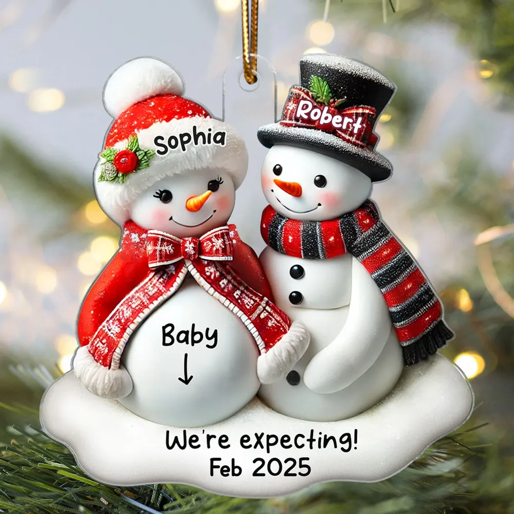 Snowman Couple Expecting Parents Pregnancy Announcement 3D Effect Keepsake Personalized Acrylic Ornament