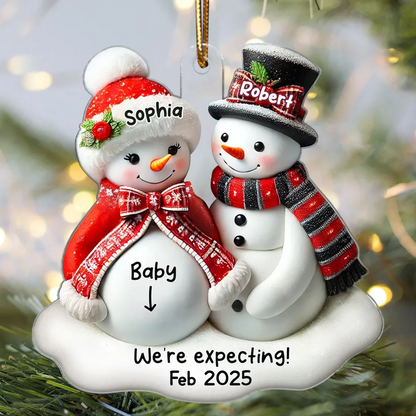 Snowman Couple Expecting Parents Pregnancy Announcement 3D Effect Keepsake Personalized Acrylic Ornament