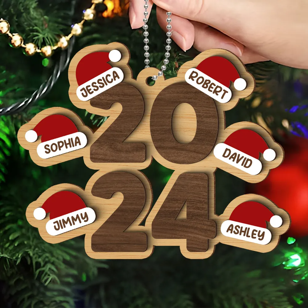 Family Stacked 2024 Santa Hats Personalized Wooden Ornament, Christmas Gift