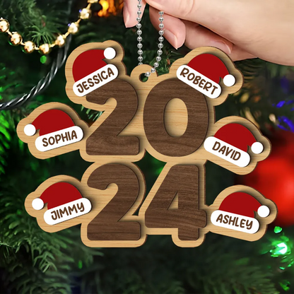 Family Stacked 2024 Santa Hats Personalized Wooden Ornament, Christmas Gift