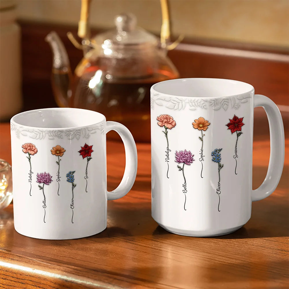 Birth Flower Grow An Old Friend - 3D Embossed Effect Printed Mug, Personalized White Edge-to-Edge Mug