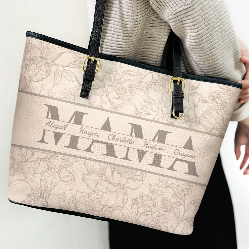 Mom Floral Design Trendy Bag - Personalized Leather Tote Bag