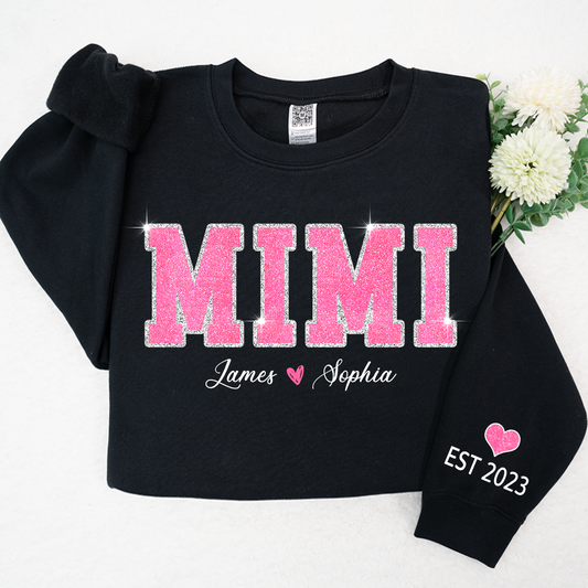 Personalized Mimi Pink Glitter, Custom Grandma Est With Kids TH Sweatshirt