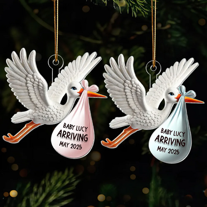 Stork Carrying Baby Bundle New Baby Arriving 3D Effect Personalized Acrylic Flat Ornament