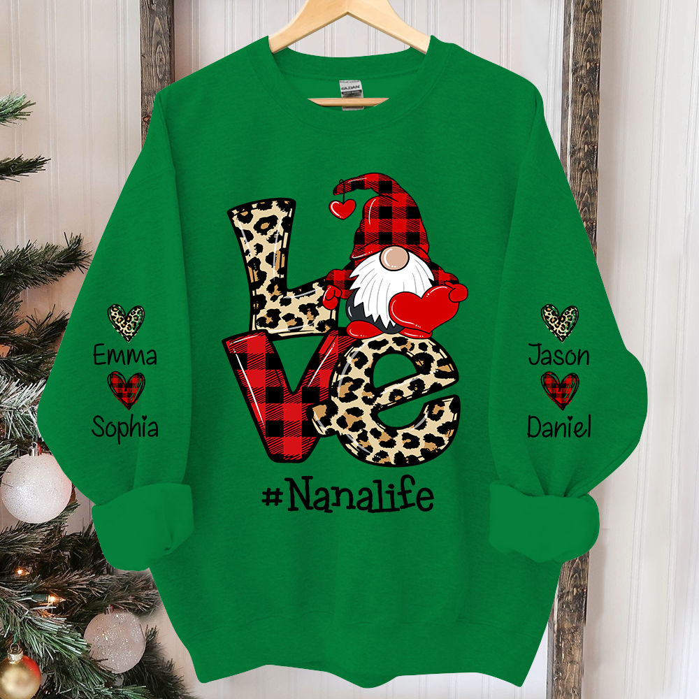 Love Nana Life Leopard Plaid Gnome Heart, Custom Nana And Kids Christmas, Grandma Gift TH Sweatshirt