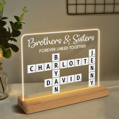 Brothers & Sisters Forever Linked Together Crossword Puzzle Art Personalized Acrylic Warm LED Night Light, Christmas Gift For Brothers, Sisters, Siblings, Family