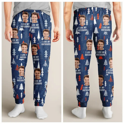 Custom Photo I Love My Wife Christmas Pattern - Personalized Pajama Pants