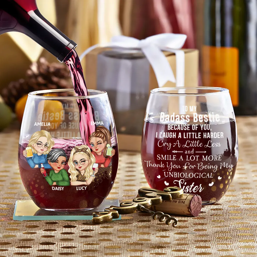 Because Of You I Laugh A Little Harder Besties - Personalized Stemless Wine Glass